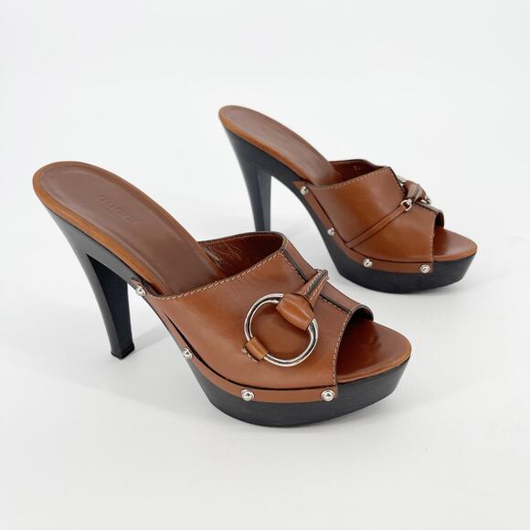 Gucci Cognac Brown Leather Icon Bit Platform Clog High Heel Slide Sandal EU 39.5 - Picture 2 of 12